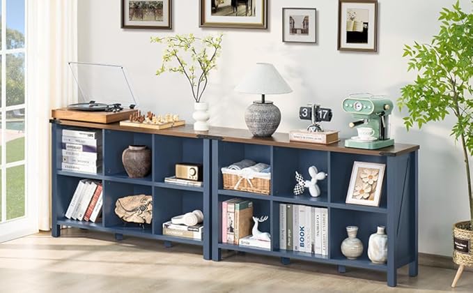 Joaxswe 6 Cube Bookcase, Farmhouse Wood Low Storage Organizer Book Shelf, 47" Horizontal Navy Blue Console Bookshelf with Legs, Hallway Book Case for Entryway, Display Cabinet for Living Room, Office