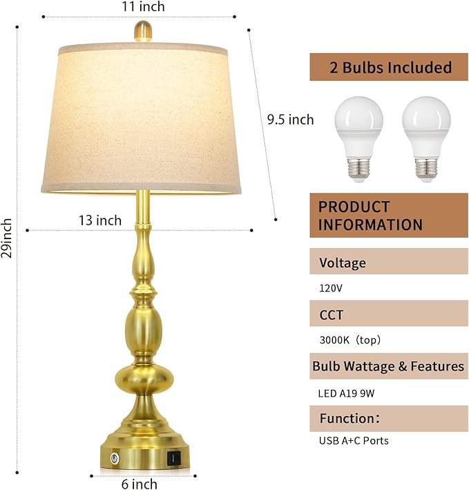 29" Modern Table Lamps Set of 2, Gold Touch Control 3-Way Dimmable Bedside Lamp with USB C+A Ports, Industrial Metal Farmhouse Nightstand Lamps for Living Room Bedroom End Tables(2 LED Bulbs Included)