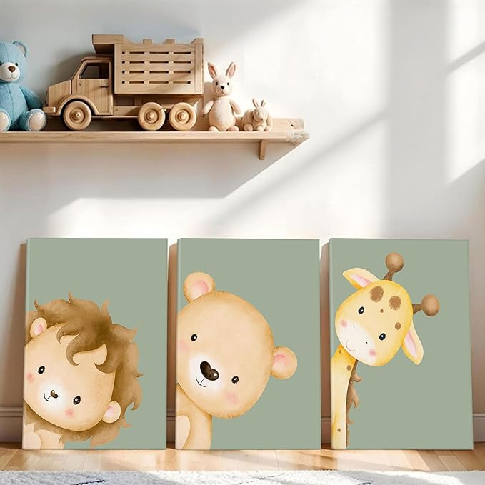 Ekiyuse Nursery Animal Wall Art Safari Animal Neutral Jungle Paintings Pictures Wall Decor Framed Boho Giraffe Lion And Teddy Bear Poster Printing Artwork for Kids Room Boys And Girls Home Decoration