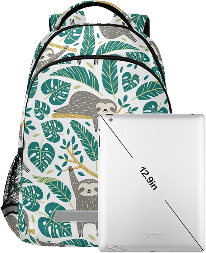 MNSRUU School Backpack with Chest Strap, Cute Sloths And Tropical Palm Leaves Laptop Backpack, Travel Hiking Backpack for Boys Girls, Rucksack, Knapsack