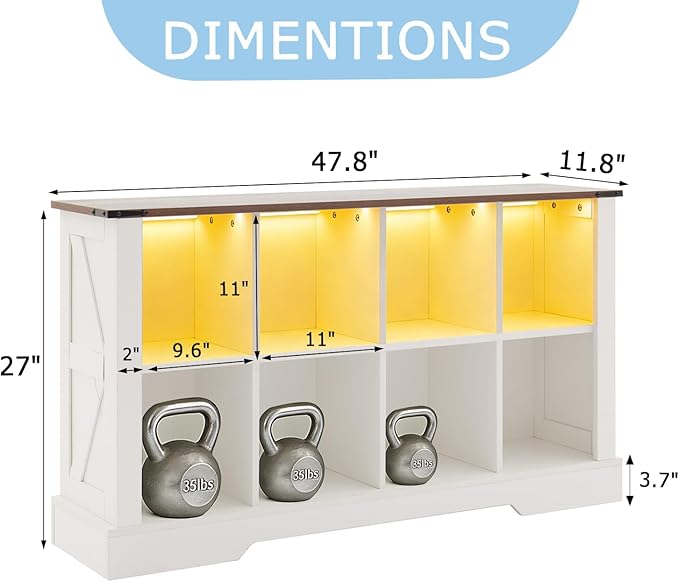 Puntogen 8 Cube Storage Organizer, Wood Cube Bookshelf with LED Lights, Horizontal Storage Cubes, Kids Bookshelf, Display Cabinet Cubby Shelf for Living Room Home Office Bedroom，White