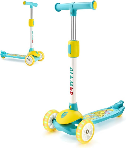 GLAMUP Kids Kick Scooter 3 Wheels, Kids Scooter Height Adjustable Handlebar, Lean-to-Steer System & Easy-Folding Mechanism, Ages 3-14 Boys and Girls