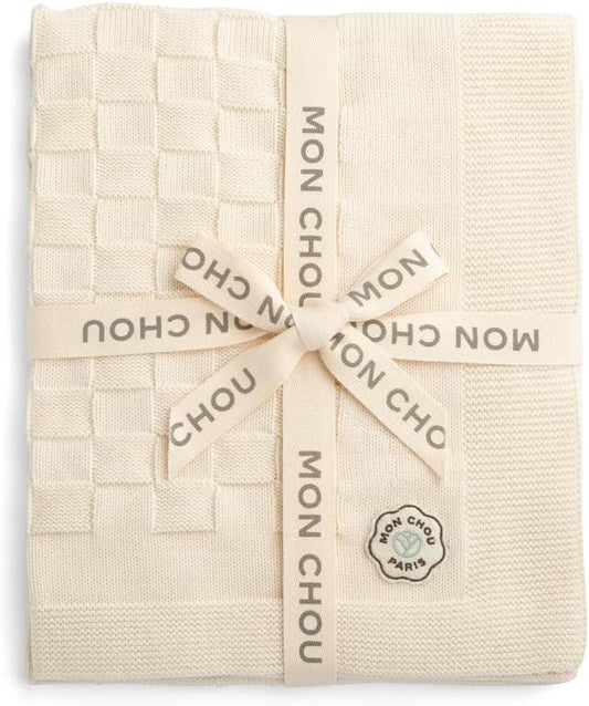 MON CHOU Knit Baby Blanket for Boys & Girls - Luxuriously Soft Pima Cotton for Crib, Nursery, or Stroller - Lightweight, Breathable Organic Cotton Baby Blanket - 30” x 37” (Ivory)