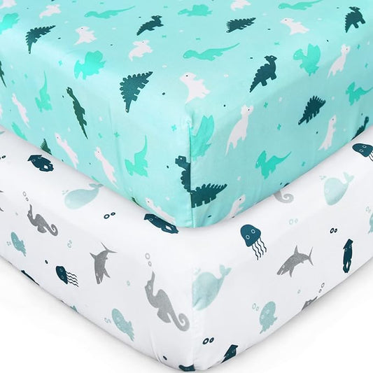 Crib Sheets for Boys or Girls 2-Pack, Fitted Crib Sheet 52'' x 28'' for Standard Crib & Toddler Mattress, Soft and Breathable Material, Baby Crib Sheets Neutral, Dinosaurs & Ocean