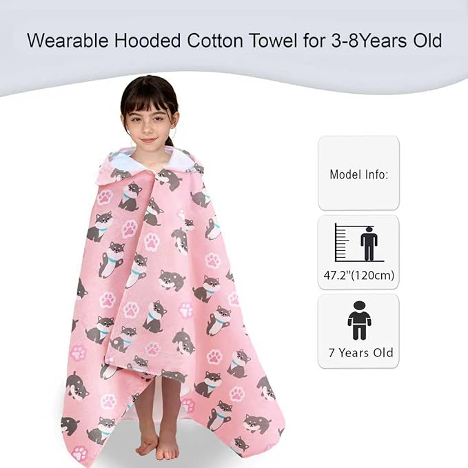 VOOVA & MOVAS Kids Hooded Beach Towel (3-8 Years) – 100% Cotton Soft Bath & Swim Towel (30"x50"), Quick Dry Absorbent, Cute Dog Design for Girls – Perfect for Pool, Beach, Bath