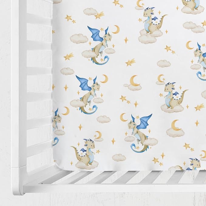 Cartoon Fairy Tale Dragon Moon Stars Clouds Baby Crib Sheets 52''x28'' Watercolor Dragons Stretchy Fitted Crib Mattress Cover for Boy Girl Soft Bed Sheet for Standard Crib and Toddler Mattress