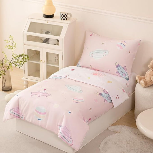 PERFEMET 4 Piece Toddler Girl Bedding Set Space Theme Pink Toddler Bed Set with Sheets Soft Reversible Astronaut Planets Crib Bed Comforter for Kids Girls