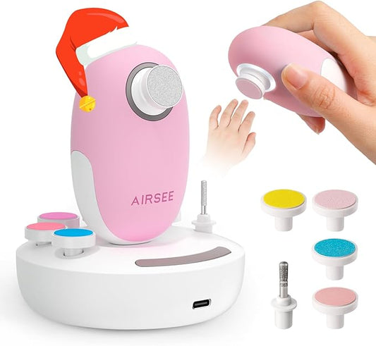 AIRSEE Premium Newborn Gift Electric Baby Nail File, Cordless Safe Nail Trimmer for Infant, 6 Replacement Heads with Magnetic Storage Case, 360° Light, Baby Clipper, Christmas, Candy Pink