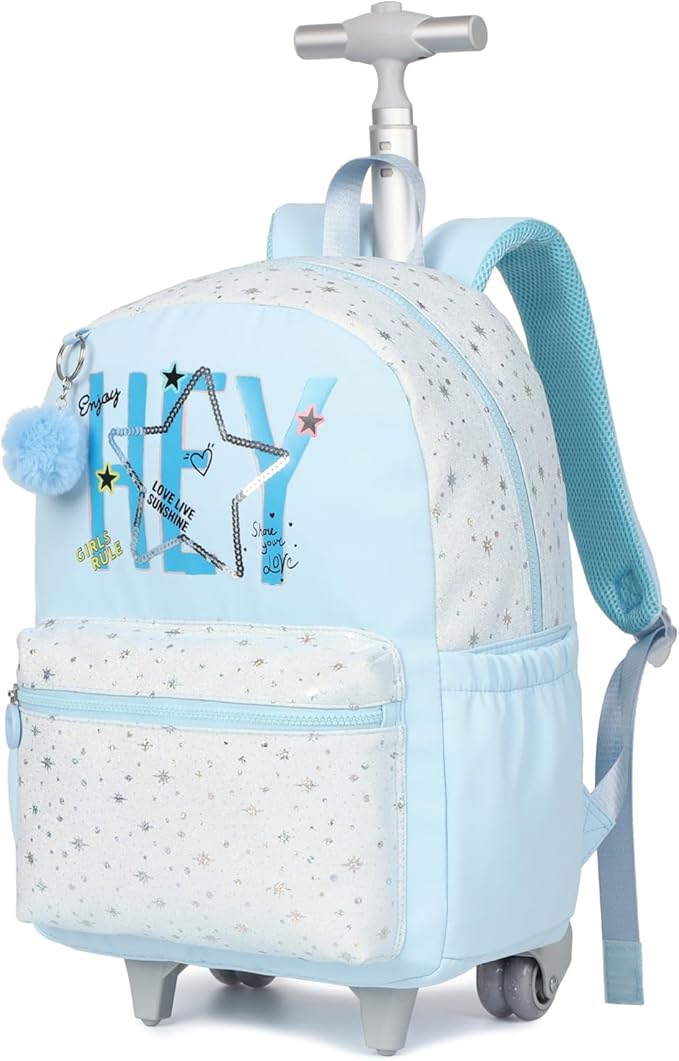 kingdisen Cute travelers club blue Rolling Backpack for women with wheels Rolling cart (HEY BLUE)