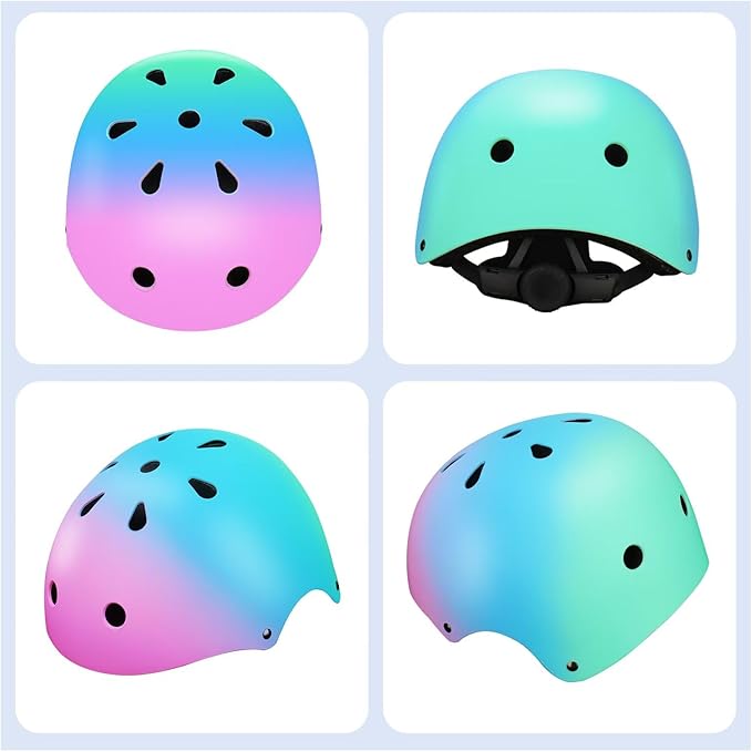 Color Gradient Adjustable Kids Bike Helmet with Knee & Elbow Pads Set | Multi-Sport Safety Gear for Boys & Girls Ages 5-14 | Skateboarding, Scooters, Roller & Inline Skating, Longboarding