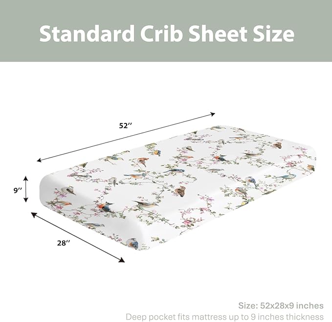 Watercolor Cute Birds Baby Crib Sheets for Boy Girl 52"x28" Spring Garden Bird Floral Leaves Soft Snug Fitted Crib Mattress Cover Sparrow Farmhouse Baby Sheet for Standard Crib and Toddler Mattress