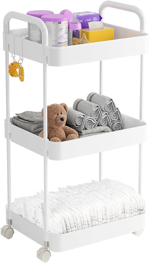 Volnamal Diaper Caddy Organizer, 3-Tier Movable Diaper Cart with Wheels, Newborn Essentials Must Haves, Diaper Caddy for Wipes & Diapers, Baby Registry Search - Plastic White