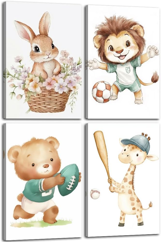Animal Canvas Wall Art 4 Piece Cute Rabbit Lion Bear Giraffe Picture Prints Watercolor Nursery Animals Paintings for Kids Room Bathroom Nursery Decor Framed(Animal-1,16.00" x 24.00" x 4Pcs)