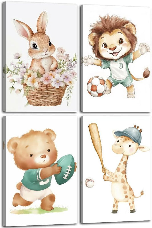 Animal Canvas Wall Art 4 Piece Cute Rabbit Lion Bear Giraffe Picture Prints Watercolor Nursery Animals Paintings for Kids Room Bathroom Nursery Decor Framed(Animal-1,20.00" x 30.00" x 4Pcs)