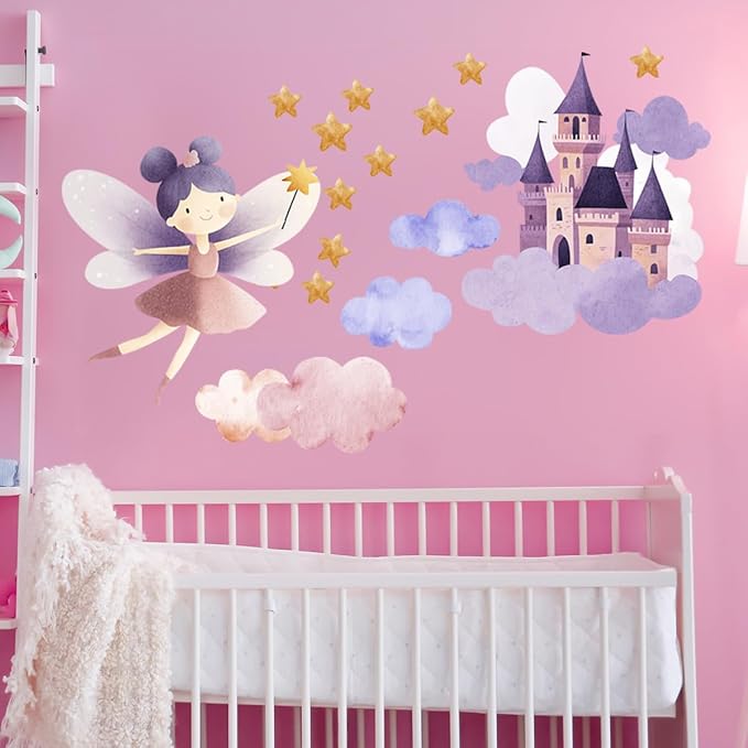 Flower Fairy Wall Decal，Butterfly Fairy Stars Wall Stickers，Cartoon Princess Butterfly Girls Decal，Removable Vinyl for Girls Bedroom Baby Nursery Kids Room Wall Decor. (Fairy Castle Wall Stickers)