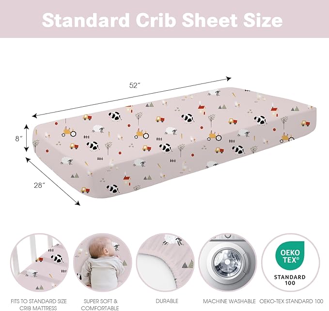 Little Grape Land Toddler Sheets 4 Pack – Baby Crib Sheets Fitted for Boys Girls, Standard Size 28x52‘’ Crib Mattress, Super Soft Breathable Washable Microfiber,Pink Sheep