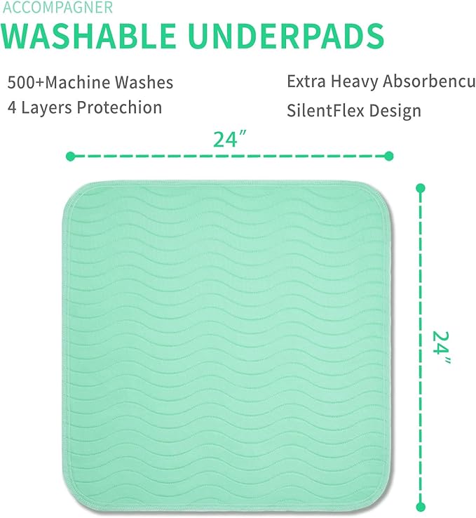 Accompagner Waterproof Reusable for Adults and Pets Washable Pee Pads for Dogs Changing Pad Large Dog Bed Size Adults Incontinence Bed Pads - Non-Slip Leak-Proof (Green, 4Pack-24" x24")