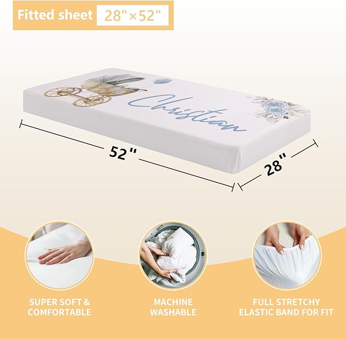 Personalized Baby Crib Bedding Set, 3 Pcs Custom Nursery Bedding Set with Name, Soft Baby Crib Set with Double Layer Blanket for Boys Girls, Customized Gifts for Toddlers Infants, Blue Bear