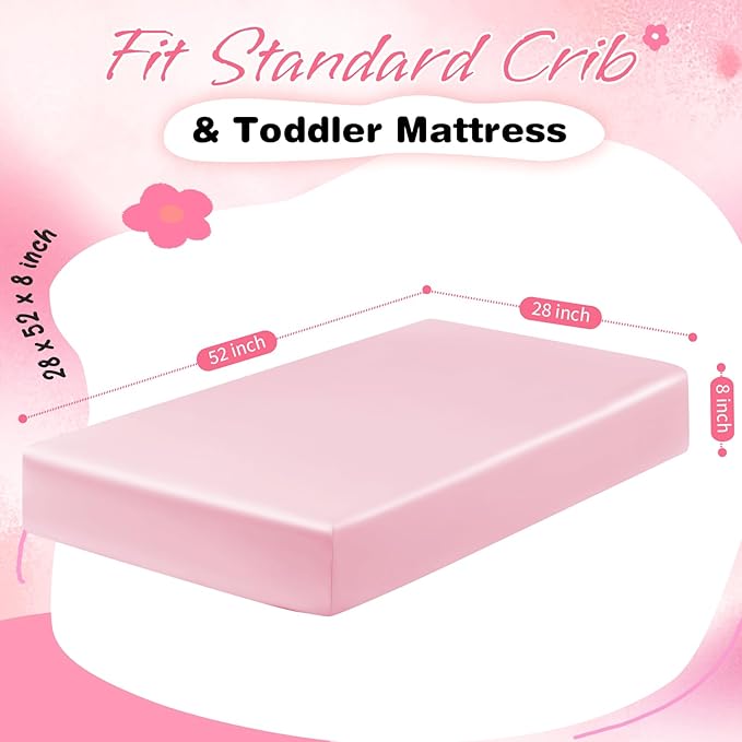 Horbaunal 2 Pack Satin Crib Sheets for Baby, 52" x 28" x 8" Silky Fitted Crib Sheets, Soft Toddler Sheet Baby Mattress Sheet, Blush Pink & White
