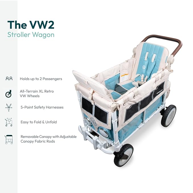 WONDERFOLD Volkswagen Double Stroller Wagon (2 Seater) - Foldable Wagon Stroller with Classic VW Bumper, Headlights, and Retro All-Terrain XL Wheels, Bondi Blue