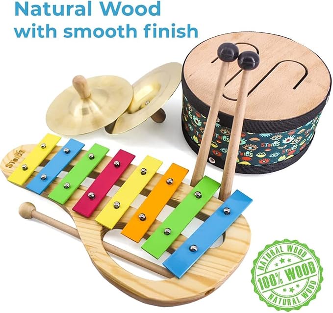 Stoie’s Percussion Toddler Musical Instruments, Montessori Wooden Set of Musical Instruments for Kids Ages 3-5, 5-9, 9-12- Baby Musical Toys with Baby Xylophone, Kids Mini Band Musical Instruments