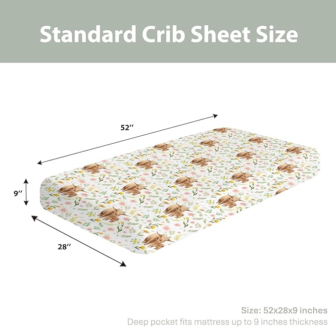 Highland Cows Boho Floral Baby Crib Sheets for Boy Girl 52x28Inch Yak Cattle Retro Flowers Leaves Soft Snug Fitted Crib Mattress Cover Farm Animal Baby Sheet for Standard Crib & Toddler Bed Mattress