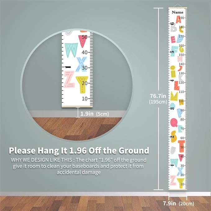 Personalized Growth Chart for Kids, Baby Height Chart with Custom Name, 77"x7.9" Canvas and Black Wood Height Measuring Rulers for Boys Girls Removable Wall Ruler Hanging for Nursery Decor - Alphabet