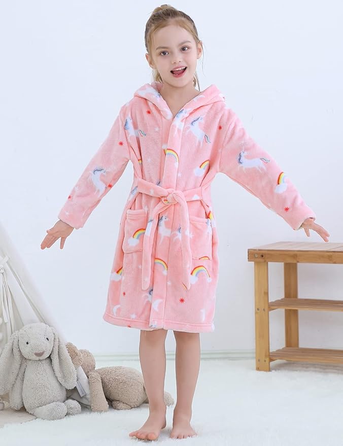 Girls Fleece Hooded Robes, Kids Soft Premium Fuzzy Bathrobe for Gifts, 2-12 Years