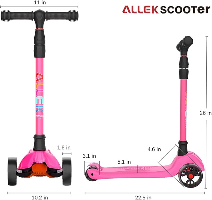 Allek Kick Scooter B02, Lean 'N Glide Scooter with Extra Wide PU Light-Up Wheels and 4 Adjustable Heights for Children from 3-12yrs (Rose Pink)
