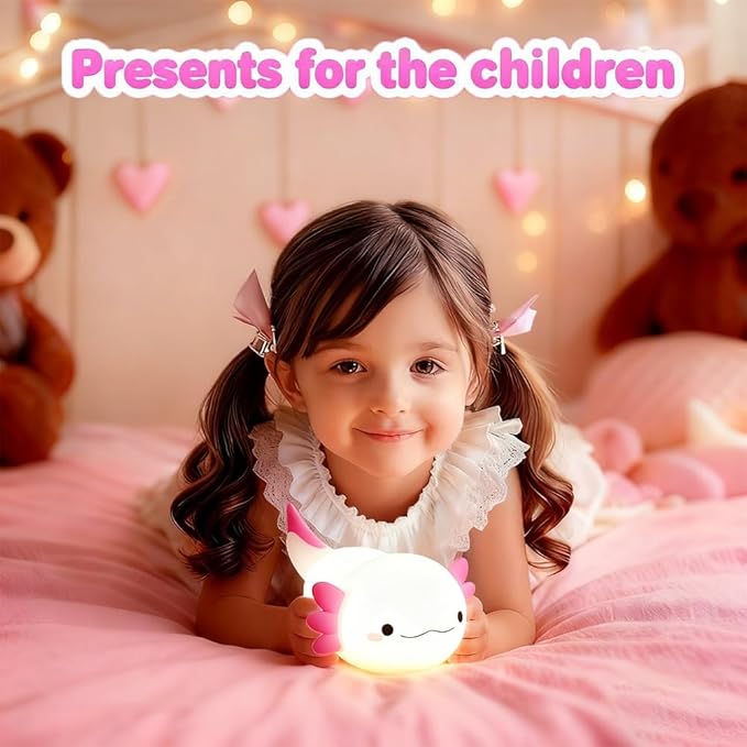 KangTen CHEN Cute Axolotl Night Light for Kids Bedroom, Animal Silicone Nursery Night Lamp Touch Control Nightlights USB Rechargeable Bedside Lamp for Baby Children Toddlers Girls Gift (Pink Axolotl)