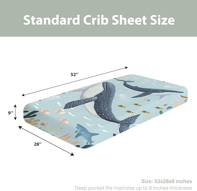 Boho Ocean Animals Baby Crib Sheets Boy Girl 28"x52" Whale Shark Jellyfish Coral Seaweed Soft Snug Fitted Crib Mattress Cover Nautical Coastal Marine Baby Sheet for Standard Crib & Toddler Mattress