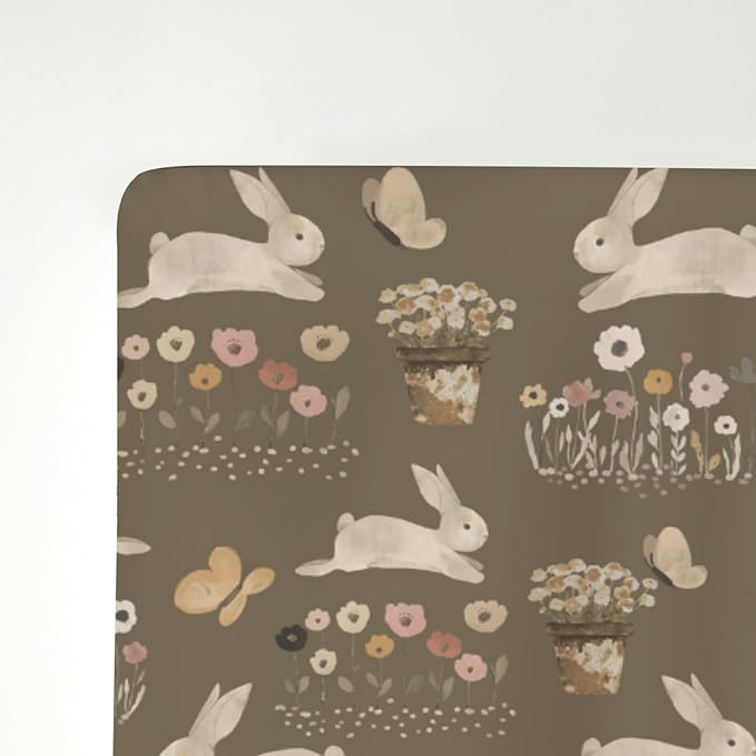 Vintage Hopping Bunnies Baby Crib Sheets for Boy Girl 52x28Inch Retro Rabbits Boho Floral Soft Stretchy Fitted Crib Mattress Cover Spring Easter Baby Sheet for Standard Crib & Toddler Mattresses
