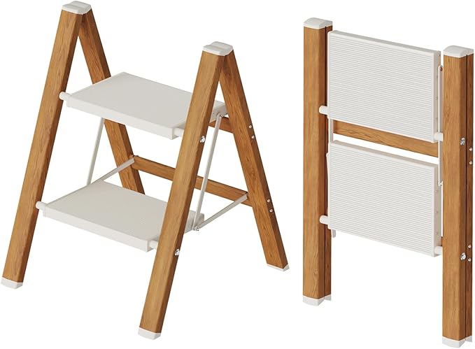 Mayi Plus 2-Step Aluminum Ladder,Lightweight Folding Step Stool with Extra-Wide Anti-Slip Steps,330 lbs Capacity,Compact Space-Saving Design for Home,Kitchen and Office（White&Woodgrain）
