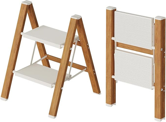 Mayi Plus 2-Step Aluminum Ladder,Lightweight Folding Step Stool with Extra-Wide Anti-Slip Steps,330 lbs Capacity,Compact Space-Saving Design for Home,Kitchen and Office（White&Woodgrain）