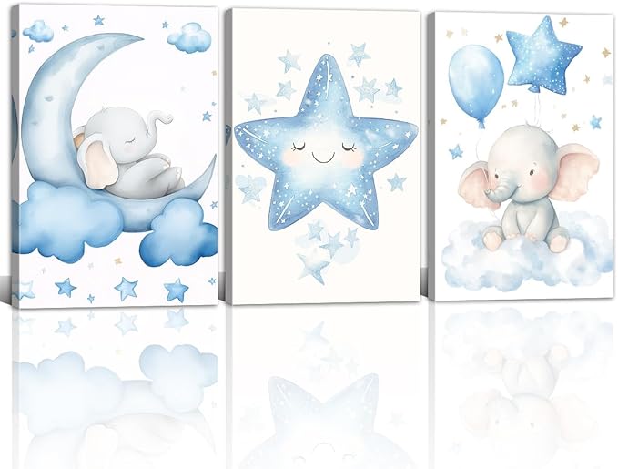 Nursery Wall Art Baby Boy Wall Decor Blue Elephant Moon and Stars Painting Prints Cute Animal Canvas Poster for Kids Room Decor Framed(Baby-2,20L x 28W x 3Pcs)