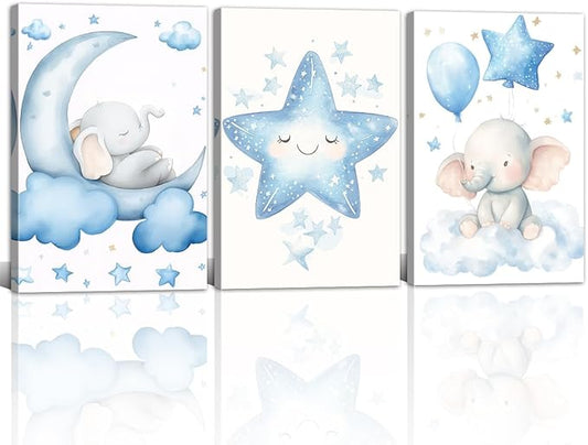 Nursery Wall Art Baby Boy Wall Decor Blue Elephant Moon and Stars Painting Prints Cute Animal Canvas Poster for Kids Room Decor Framed(Baby-2,12L x 16W x 3Pcs)