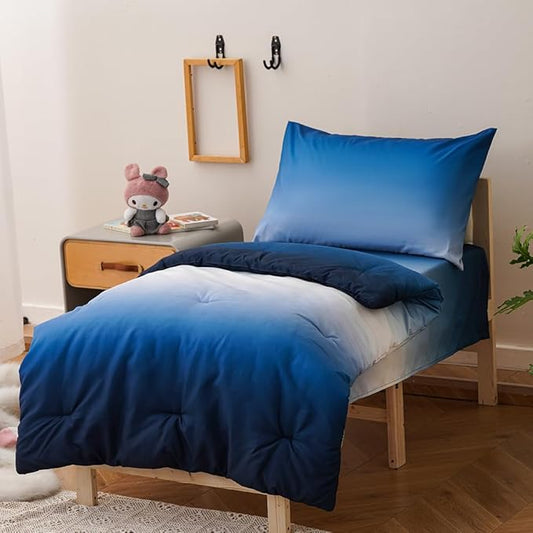 CLOTHKNOW Blue White Toddler Bedding Sets for Boys, 4 Pieces Bedding Sets, Blue Gradient Pattern, Soft Crib Bed Set Including Comforter, Flat Sheet, Fitted Sheet and Pillowcase, Blue