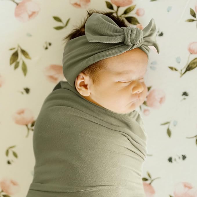 GRSSDER Newborn Swaddle Blanket, Ultra Soft Jersey Receiving Blanket with Matching Headband and Beanie Set 33×44", Stretchy Baby Neutral Swaddle Wrap for Girls and Boys