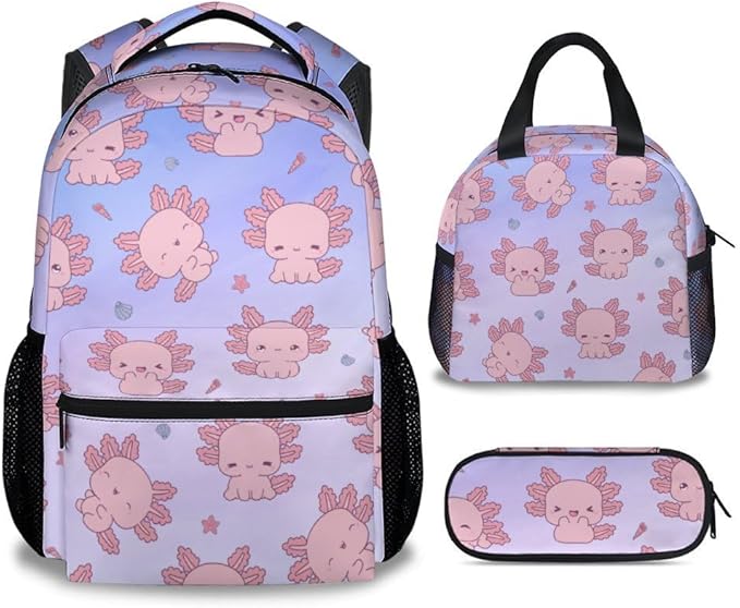 COZYAURA Backpacks for Girls - 3Pcs Cute Bookbag for Kids - Axolotl School Bag for Girls - Kids Backpacks with Lunch Box Pencil Case Set