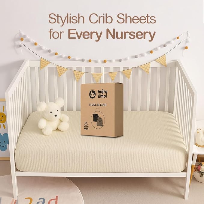 Mère & Moi Muslin Fitted Crib Sheets – 100% Cotton, Ultra-Soft & Breathable Baby Bedding for Standard Crib & Toddler Mattress (28” x 52”) - 2 Pack (Light Blue and Cream)
