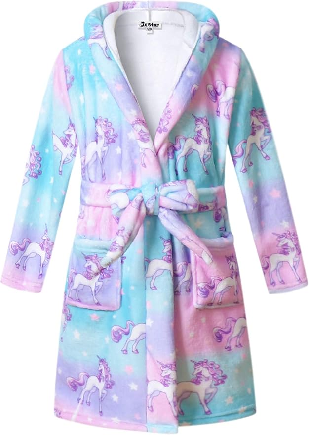 Jxstar Girls Bathrobes Kids Hooded Robes Plush Fleece Pajamas Soft Coral Sleepwear