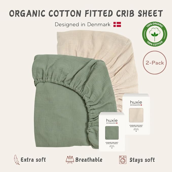 Crib Sheets – Organic Cotton Muslin Fitted Crib Sheet – Standard Size for Baby Boy and Baby Girl 28" x 52" Ultra-Soft and Breathable. 2-Pack (Fog/Roman Green)