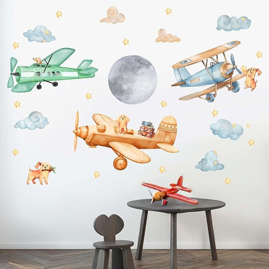 Amimagen Airplane Wall Decals - Puppy Aircrafts Wall Stickers - Kids Baby Boys Nursery Children Daycare Bedroom Playroom Wall Decor