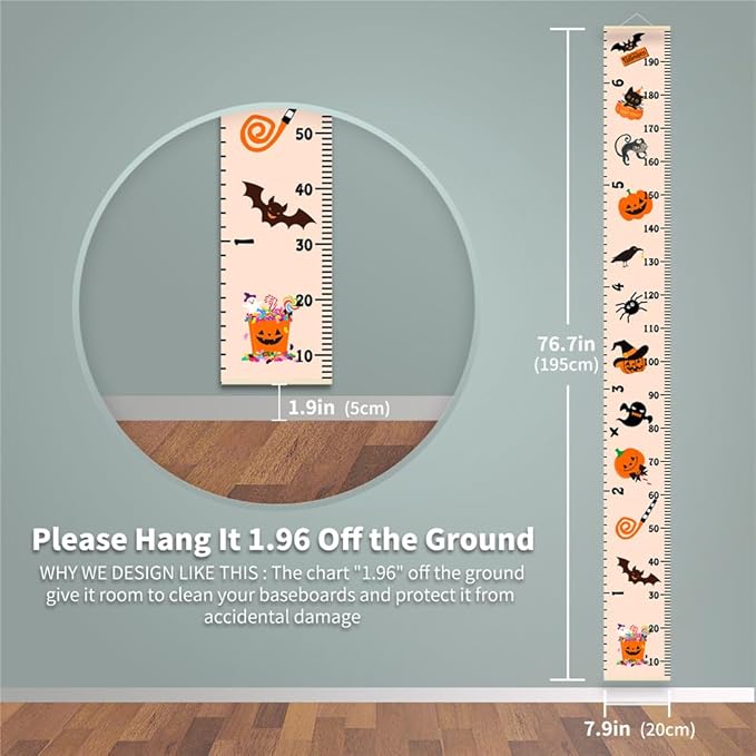Halloween Baby Height Growth Chart - Canvas Height Chart for Kids Baby Child Toddler Boys Girls Growth Chart for Wall Room Nursery Decor Hangable and Removable Measuring Wall Ruler (A, Beige Wood)