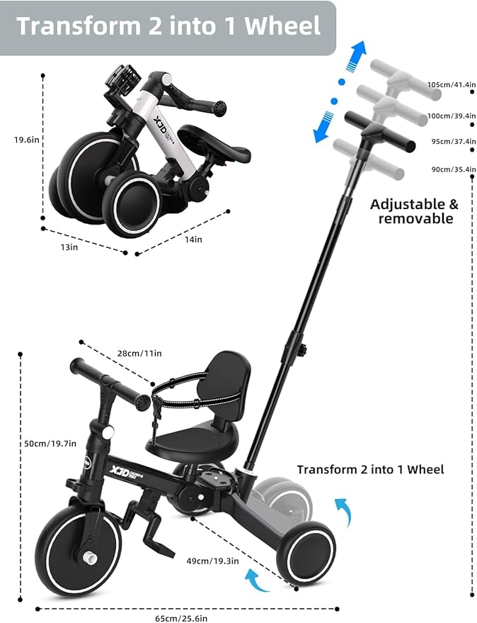 XJD Toddler Bike, 6 in 1 Folding Toddler Tricycle for 1-4 Year Old with Parental Control Handle, Balance Bike with Removable Pedal, Backrest, Adjustable Seat, First Birthday Gifts (Black)