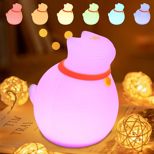 MAGOHMT 7-Color Changing Cat Night Light, Silicone Rechargeable Nursery Light with Timer & 3 Modes, Kids Bedroom Lamp Touch Sensor (Cute Animal Design)