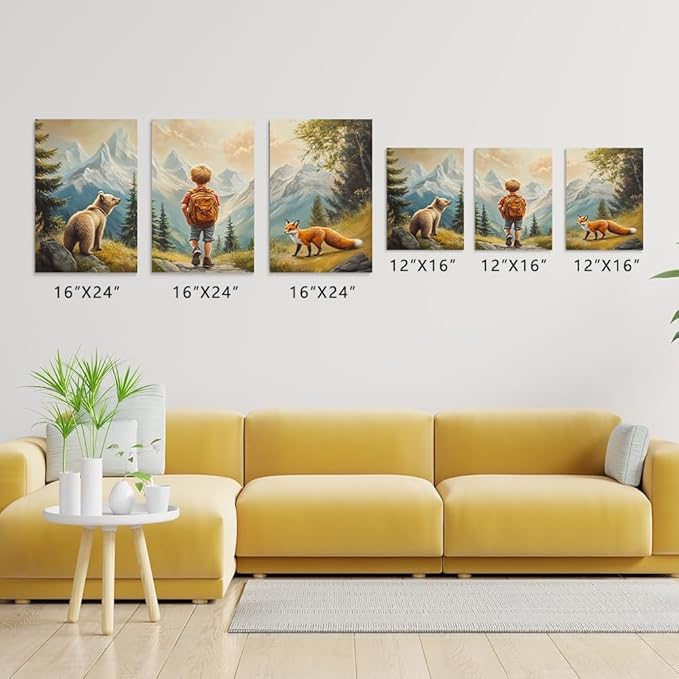 Explorers' Escape Framed Canvas Art Set of 3, Boy's Adventure with Bear & Fox Prints, Mountainous Landscape Kids Room Decor, Woodland Animal Wall Art for Children's Nursery, Framed 16"x24"