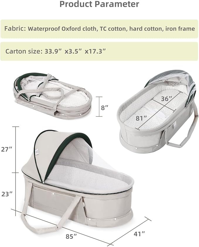Baby Travel Bassinet Portable Bassinet with 2 in 1 Canopy for Newborn - Light Grey