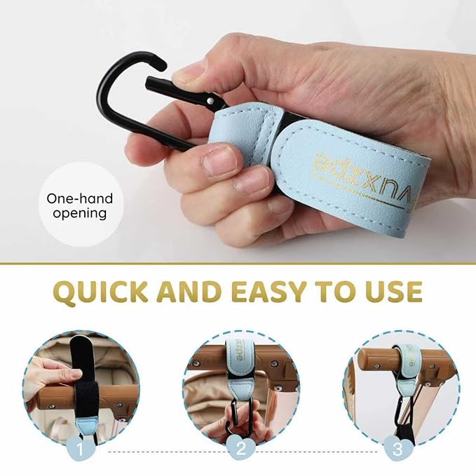 2 Pack Stroller Hooks for Hanging Diaper Bags and Shopping Bags, Accessories for Stroller and Shopping Cart, Heavy Duty Durable Large Carabiner, Advanced Faux Leather, Baby Blue