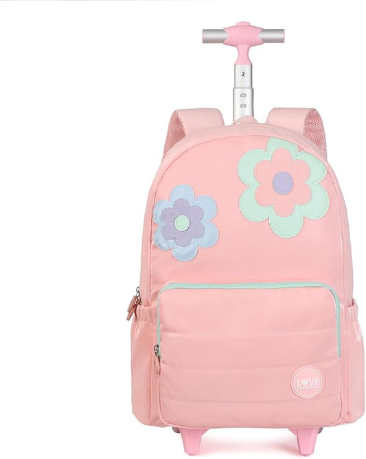 kingdisen Girls Kids Rolling Backpacks, Carry on Backpack with wheels (FLOWER PINKISH ORANGE)